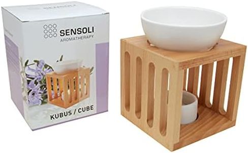 Quemador de Aceite Sensoli Cube - Madera Maciza con Recipiente Grande de Cerámica - para Dispersar Aceites Esenciales y Cera Fundida