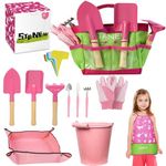 Stanew 21-Piece Kids Gardening Set - Pink Flower Garden Plant Growing Kit with Hand Tools, Apron, Tote Bag, Garden Gloves, Bucket, Labels - Gift for Boys and Girls, Toddler Gardening Tools