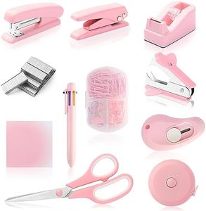 Pink Desk Accessory Kit Cute Office Supplies Set Desktop Stapler Set includes Staple Remover Hole Punch Tape Dispenser Ballpoint Pen Scissor Mini Box Cutter Tape Measure Paper Clips Sticky Notes