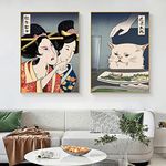 Woman Yelling at Cat Japanese Wall Art Japanese Anime Canvas Funny Women Posters Cute Woman and Cat Prints Japanese Geisha Painting Woman and Cat Artwork Funny Cat Pictures Decor 16x24inchx2 No Frame