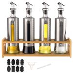 BPFY 4 Pack 17oz Glass Oil Dispenser Bottle, 500ml Olive Oil Dispenser Bottle with Shelf, Oil and Vinegar Dispenser Set Wrapped in Stainless Steel Shell with Pourers, Funnel, Pen, Labels