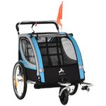 Aosom 2-in-1 Bike Trailer for Kids 2 Seater, Baby Stroller with Brake, Storage Bag, Safety Flag, Reflectors & 5 Point Harness, Blue