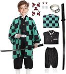 UQJE Kids Kamado Tanjir Cosplay Costumes Anime Tanjir Cosplay Outfit Halloween Kimono Set with Retractable Sword
