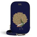 DailyObjects Printed Tallboi Sling Crossbody Bag For Women| Navy Peacock Print Vegan Leather Purse With 1 Compartment & 3 Slip Pockets Inside| Zip Closure With Brass Chain Strap| Stylish & Durable