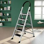 Plantex Steel Ladder for Home/Strong Foldable Wide 5 Step Ladder/Anti-Skid 5 Step Ladder - (Apex - White)