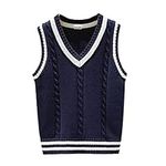 CHICTRY Kids Boys Girls V Neck Sweater Vest Knitwear Sleeveless Pullover Crochet Knitted Waistcoat School Uniform Vest Top Navy Blue 3-4 Years