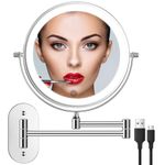 FUNTOUCH Rechargeable Makeup Vanity Mirror with Light, Wall Mounted Double Sided 1X 10X Magnifying Bathroom Mirror, 3 Color Dimmable Lighting, Extended Arm 360 Rotation Shaving Light up Mirror(Silver)