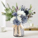 Wracra Artificial Flowers in Vase, Silk Fake Flowers in Vase, Faux Flowers Table Centerpieces for Dining Room, Bathroom Farmhouse Kitchen Coffee Table Decor (White Blue Dahlia,Grey Vase)