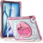 Qinda Case for iPad Air 11 2025/2024 M3/M2/Air 5th/4th Gen 10.9/Pro 11 4th/3rd Gen with Pencil Holder, Rugged Transparent Back Case with Hand Grip 360 Roatating Kickstand and Shouder Strap, Pink