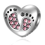 Baby Footprint Heart Charms - 925 Sterling Silver October Birthstone Crystals - Girl Birth Foot Beads, Fit Pandora Mothers Day Bracelet, Gift for Best Mum/Daughter Birthday