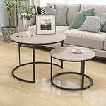 HOJINLINERO Industrial Round Coffee Table Set of 2 End Tables for Living Room,Stacking Side Tables,Sturdy and Easy Assembly,Round Wood Look Accent Furniture with Metal Frame,Black+Teak Oak