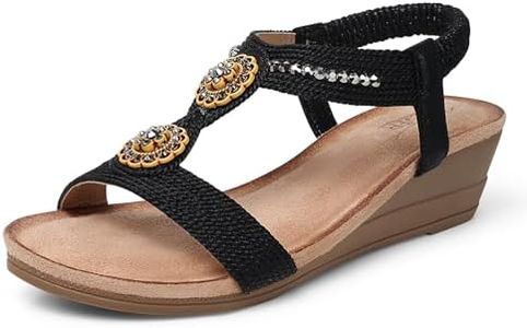 SHIBEVER Womens Wedge Sandals Flower Low Heel Dressy Sandals Elastic Ankle Strap Rhinestone Sandals Summer Comfortable Shoe, 2783-black, 8
