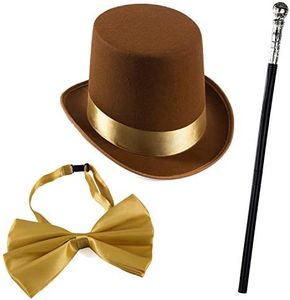 Tigerdoe Brown Top Hat and Bow Tie with Walking Scepter- 3 Pc Chocolate Factory Costume Set - Steampunk Top Hat Brown
