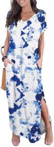 GRECERELLE Women Casual Sundress Short Sleeve Long Tshirt Dress Split Maxi Beach Dresses Travel Vacation Outfits L, White Ink Blue