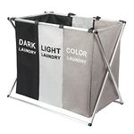 Laundry Cloth Hamper Sorter Basket Bin Foldable 3Sections with Aluminum Frame Washing Storage Dirty Clothes Bag for Bathroom Bedroom Home Storage basket (Black+Light Grey+Chocolate)