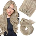 Moresoo Hair Extensions for Women Clip in Blonde Highlight 14 Inch Remy Human Hair Clip in Extensions Ash Blonde with Blonde Double Weft Clip in Human Hair Extensions 5PCS 70G