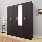 VIKI Wardrobe | Wooden Almirah for Clothes,Door for Bedroom, 4 Door Wardrobe with Drawer, Mirror & Hanging Space (Dark Wenge - 40D x 160W x 180H) | 1 Year Warranty | Free Assembly