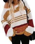 ZESICA Women's 2024 Fall Long Sleeve Crew Neck Striped Color Block Casual Loose Knitted Pullover Sweater Tops, Mustard, Small