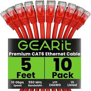 GearIT Cat 6 Ethernet Cable Cat 6 Patch Cable, Cat 6 Cable, Cat6 Ethernet Cable, Network Cable, Internet Cable - Red 5 Feet (Pack of 10)