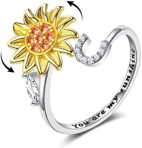 Fidget Rings for Anxiety for Women Sunflower Initial Letter Spinner Ring Open Adjustable Ring CZ Rings Daisy Stress Relieving Ring Jewelry Gift for Women Valentine's Day You are My Sunshine Ring