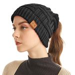 WharFlag Ponytail Toque for Women – Knitted Winter Hats Stretch Messy Bun Hats Slouchy Ponytail Beanie Women Tuque Femme Black