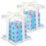 BELLE VOUS 2 Pack of Clear Plastic Cake Boxes with Boards & Ribbon - 15 x 15 x 18cm/6 x 6 x 7 Inches - Transparent Tall Cake Gift Packaging Carrier Boxes for Birthdays, Weddings & Parties