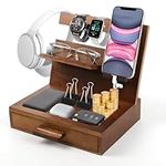 Wood Phone Docking Station Phone Smart Watch Earbuds Tablet Stand Nightstand Organizer Gift for Him Dad Birthday Gift Men Birthday Gift Anniversary Present Key Holder Wallet Stand With Drawer