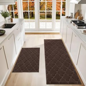 COSY HOMEER Soft Kitchen Rugs Set of 2 Non Slip 24"x35"+24"x60",Brown