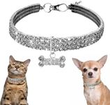 Rhinestone Dog Necklace, Crystal Bling Kitten Collar Glitter Silver Chain Jewelry White Diamond Puppy Collars with Bone Pendant for XXS Xs Small Tiny Pet Female Dogs Girl Cats, XXSmall