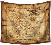 QCWN Treasure Map Tapestry Wall Hanging,Island Map Super Detailed Treasure Map Pirates Gold Secret Sea History Theme, Wall Hanig for Bedroom Living Room Dorm Decor Beige and Brown 59x51Inc