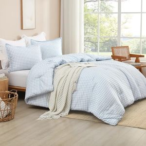 Andency Light Blue Gingham Comforter Set Queen(90x90Inch), Checkered Grid Plaid Buffalo Bed Set for Girls Boys Kids Teens, 3 Pieces Lightweight Microfiber Geometric Preppy Bedding