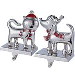 Dog and Cat Stocking Hanger Holders for Mantel,Set of 2 Stocking Hangers for Fireplace,Mantle Clip Holder Hanger for Stocking/Garland,Dog Christmas Stocking Holder for Fireplace(Silver Animal Set)