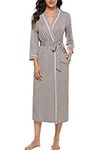 Vlazom Womens Dressing Gown Soft Kimono Robe V-Neck Long Knit Bathrobe Nightwear Sleepwear for All Seasons, Style A-Grey, M