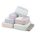 Narwey 7 Set Packing Cubes for Suitcases and Backpack, Suitcase Organiser Bags Travel Packing Cubes Storage Shoes Bag for Carry on Hand Luggage Travel Essentials Accessories (Checker Combined)