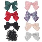 Swpeet 7 Pack Multicolor Big Satin Hair Bow Tie Hair Pin with 260Pcs Rubber Bands Assortment Kit, Cute French Hairpin Satin Silk Bow Hair Bowknot Satin Hair Bows Hair Ribbon Accessories for Women Girl