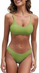 Fanuerg Women's Ribbed Bikini Sets Scoop Neck Cheeky Swimsuit Textured Two Piece Bathing Suit, Grass Green, Large