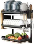 Ctystallove 3 Tier Black Stainless Steel Dish Drying Rack Fruit Vegetable Storage Basket with Drainboard and Hanging Chopsticks Cage Knife Holder Wall Mounted Kitchen Supplies Shelf Utensils Organizer