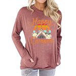 Fuyxxmer Happy Camper Sweatshirt Women Vintage Mountain Graphic Tee Long Sleeve Pullover Blouses Top Shirts with Pockets Pink