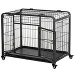 PawHut Folding Design Heavy Duty Dog Crate Metal Cage & Kennel with Removable Tray and Cover, & 4 Locking Wheels, Indoor/Outdoor 37"