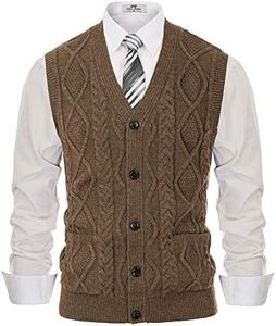 PJ PAUL JONES Men's Sweater Vest V-Neck Sleeveless Cable Knitted Cardigan Vest, Coffee, Medium