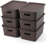 AREYZIN Lidded Storage Bins Plastic Storage Baskets With Lid Organizing Container Knit Storage Organizer Bins for Shelves Drawers Desktop Playroom Classroom Office, 6 Pack,Brown