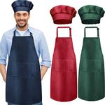 CHENGU 6 Pieces Chef Apron Set Kitchen Apron and Chef Hat Christmas Adjustable Apron with Pocket Butcher Hat Baker Costume Kitchen Apron for Men and Women (Red, Dark Green, Navy)