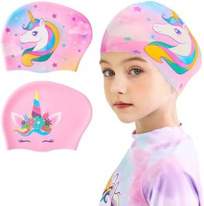 2 Pack Kids Swim Cap Mermaid Unicorn Durable Silicone Swimming Cap for Boys Girls Toddler Waterproof Swimming Cap for Long and Short Hair Bathing Caps to Keep Hair Dry