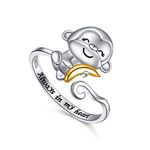 FLYOW 925 Sterling Silver Always in My Heart Cute Animal Wise Monkey with Banana Adjustable Ring Birthday Gift for Women, Size 6-9, Metal, Cubic Zirconia