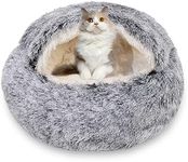 Round Dog & Cat Cave Bed with Hooded Cover, Pet Bed Hooded Plush Dog Bed Cave, Faux Fur Cuddler Comfortable Self Warming Pet Bed, Removable Washable Soft Plush Burrowing Donut Bed for Puppy & Kitty