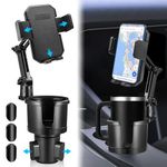 2 in 1 Car Cup Phone Holder Expander with Adjustable Base, Car Cup Holder with Phone Mount for 10-40oz Drink Bottles, Cell Phone Cup Holder Car Mount for Mugs and Phone Fits All Cellphone