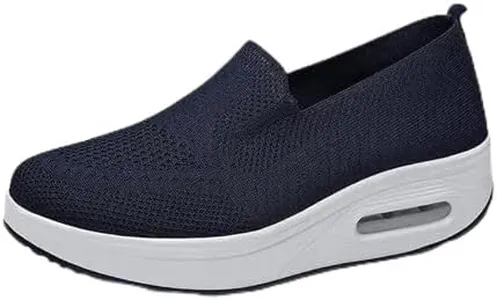 Teamoda Orthopedic Walking Shoes for Women, Slip-On Light Air Cushion Mesh Up Stretch Platform Orthopedic Sneakers for Arch Support, Navy, 5 Wide