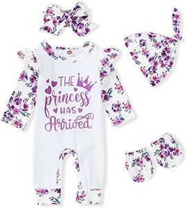 Newborn Baby Girl Romper Infant Letter Print Bodysuit Jumpsuit+Hat+Headband Coming Home Clothes Outfit, Purple, Newborn