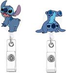 ZOSTLAND 2PCS Overlooking Blue ET Monster Baby Cartoon Cute Retractable Badge Reel, Holder for Office Work Nurses ID and Name Tag, 28 inch Cord Extension (2pcs Alien Handstand)