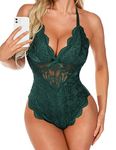 Aranmei Sexy Snap Crotch Bodysuit for Women Naughty One Piece Lace Babydoll Lingerie Teddy Dark Green M